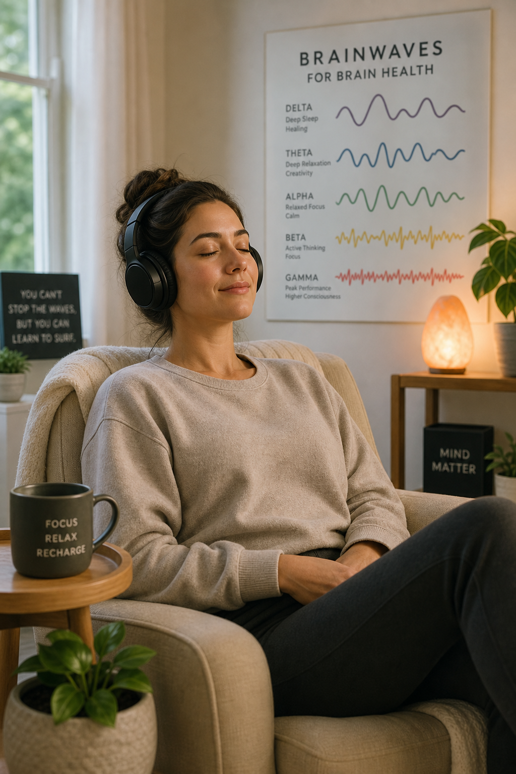 Person relaxing with headphones while listening to brainwaves audio for brain health