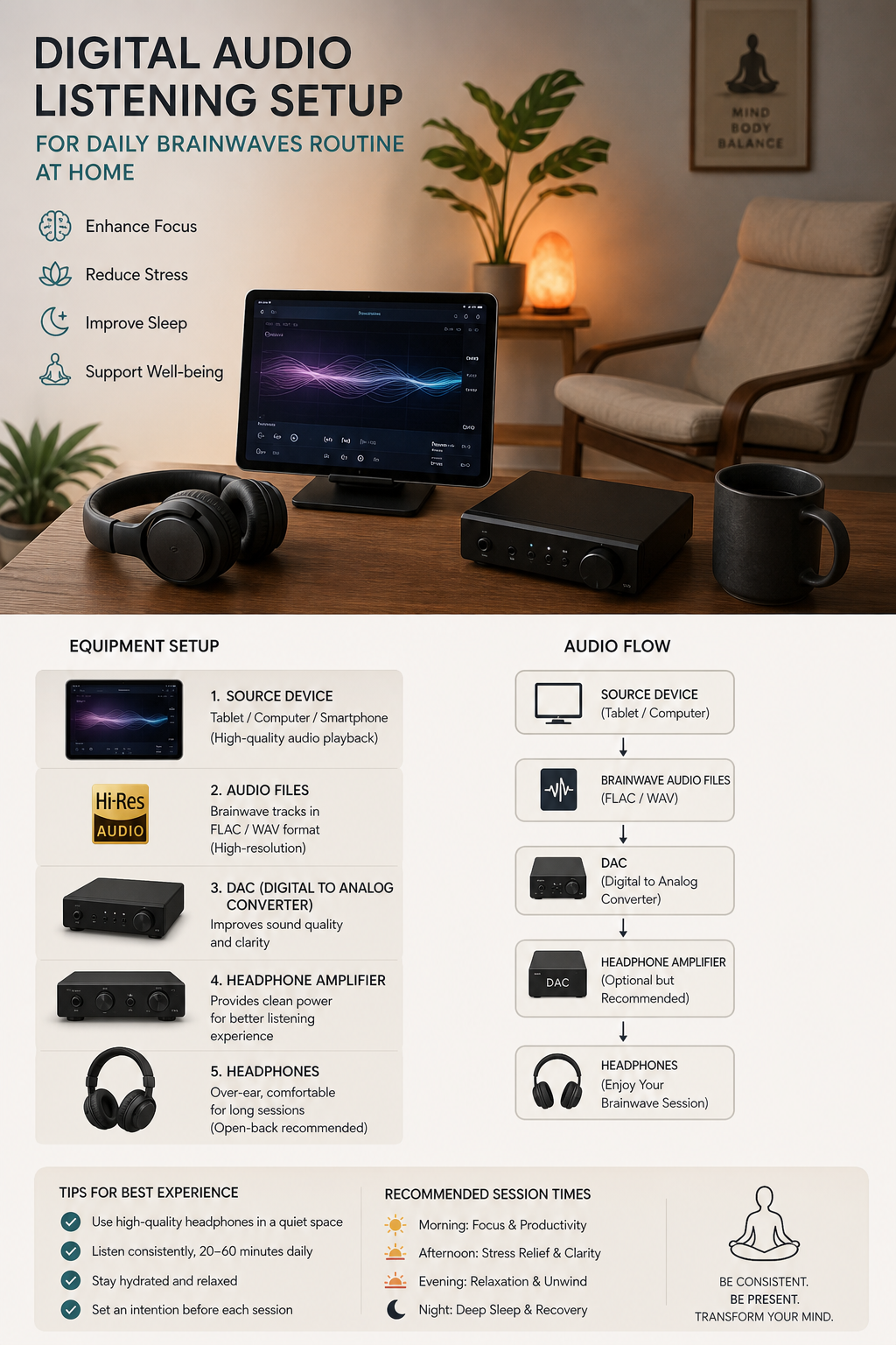 Digital audio listening setup for daily brainwaves routine at home