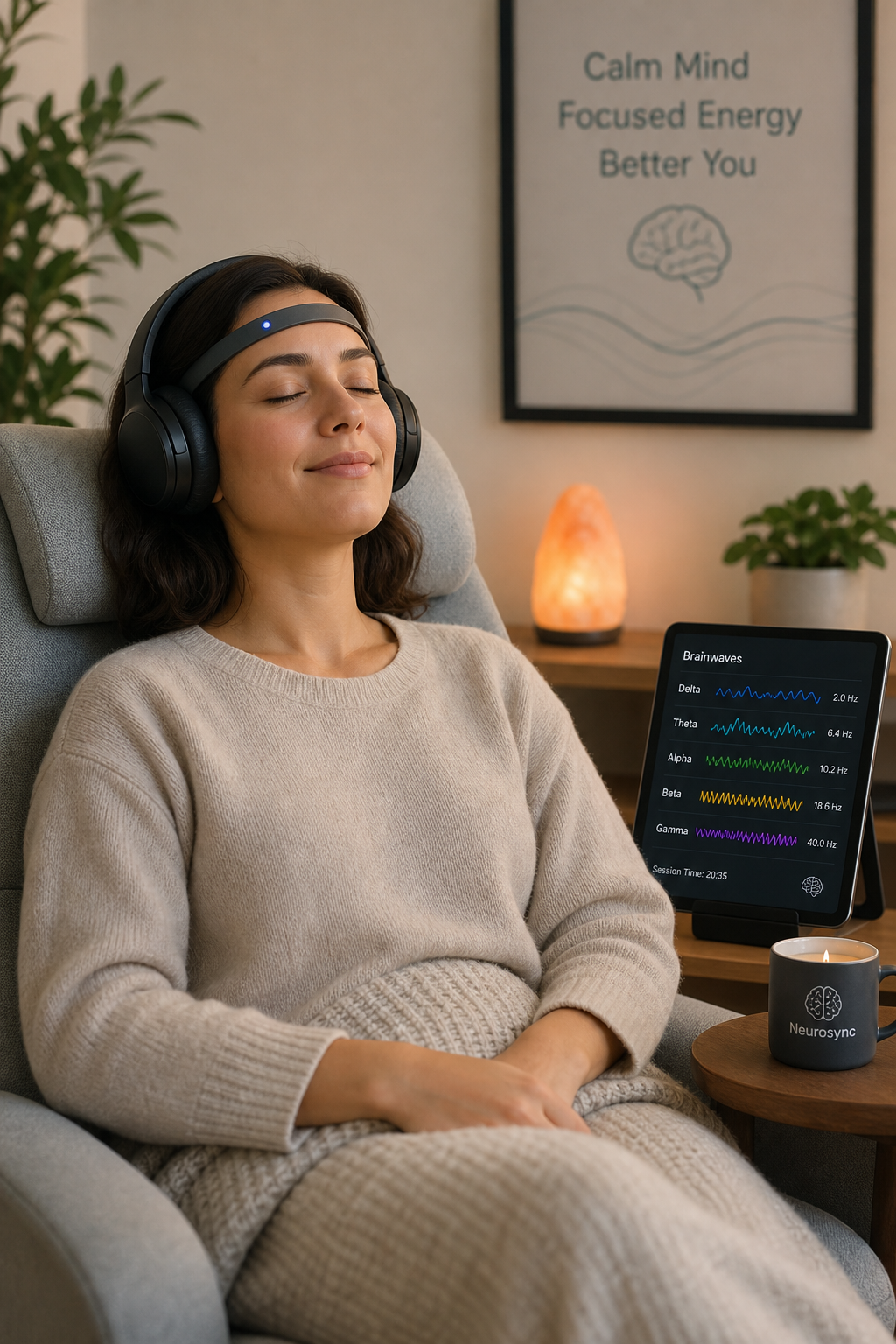 Relaxed person using headphones for neuroscience-inspired brainwaves session
