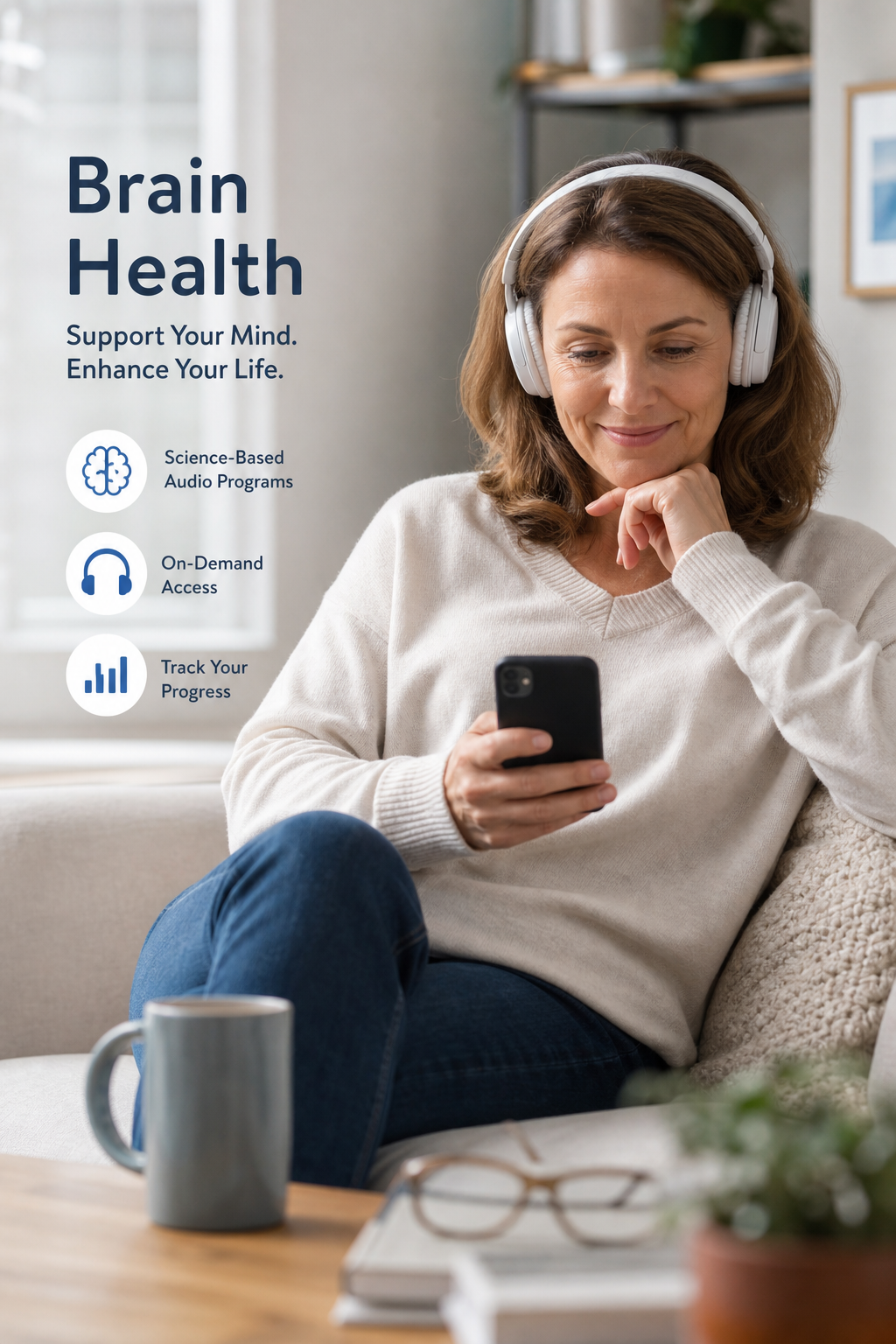 Professional lifestyle image showing digital brain health audio access