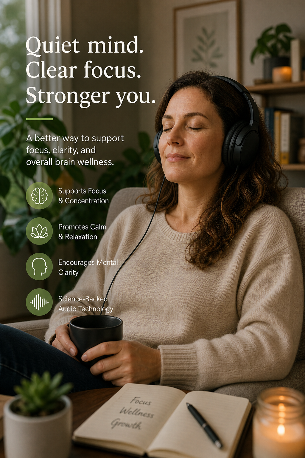 Adult enjoying quiet audio session to support focus and overall brain wellness
